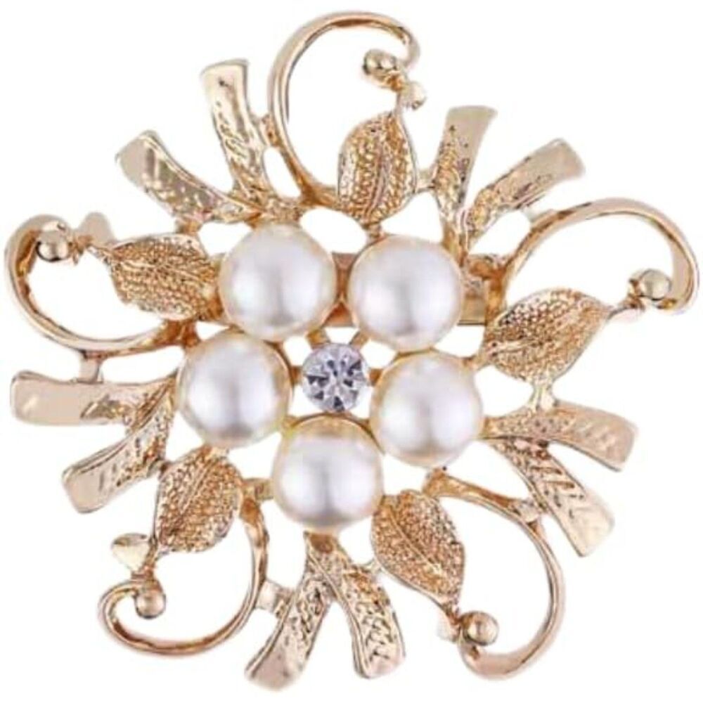 Women's Elegant Imitation Pearl Floral Crystal Brooch Pin Wedding Bridal Gold